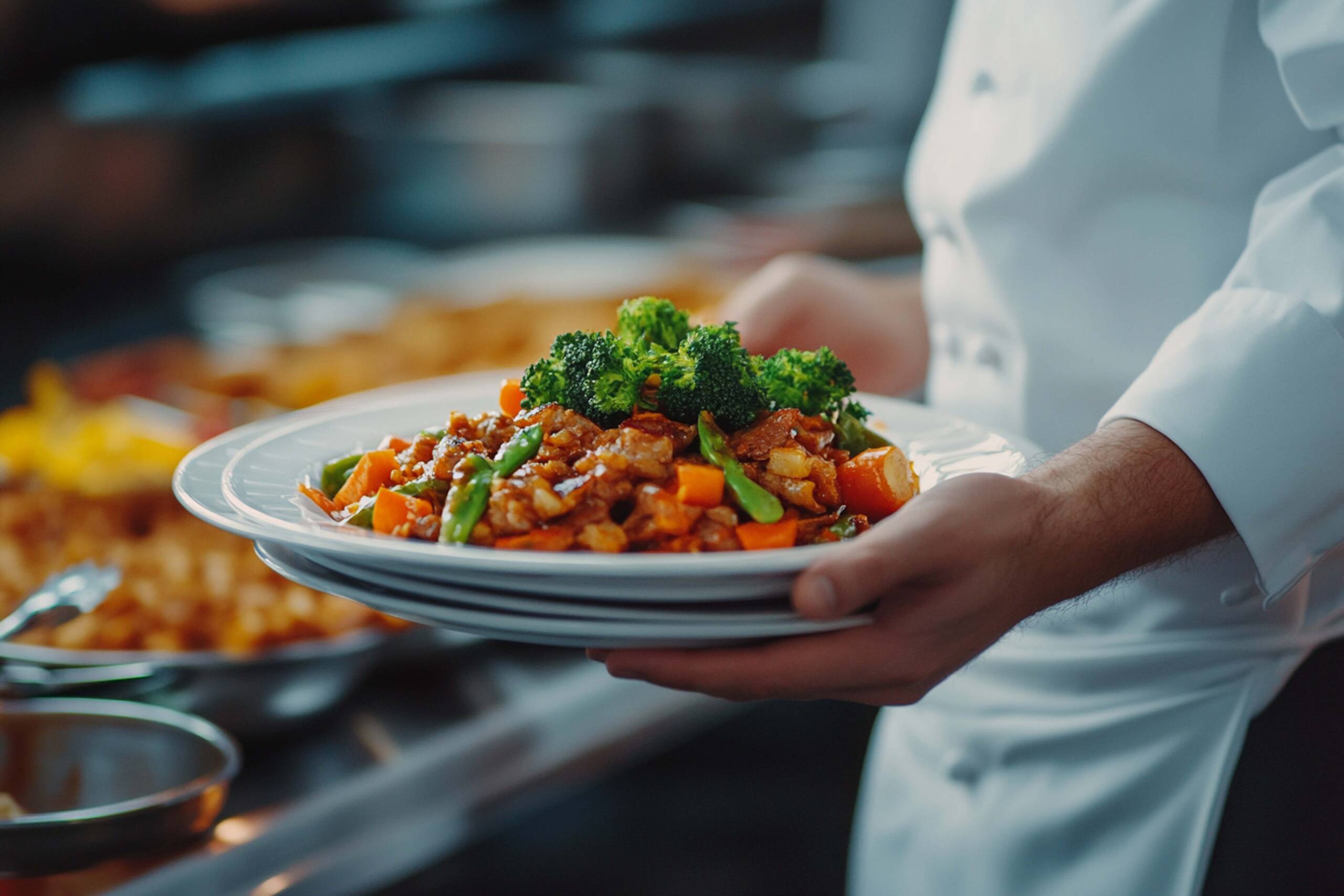 Professional Waiter Skillfully Balancing Multiple Plates of Delicious Meat and Fresh Vegetables Ready for Service